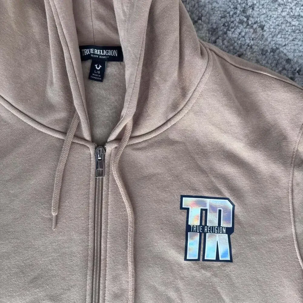 True Religion Holographic Buddha Graphic Tan Zip Up Hoodie Large
